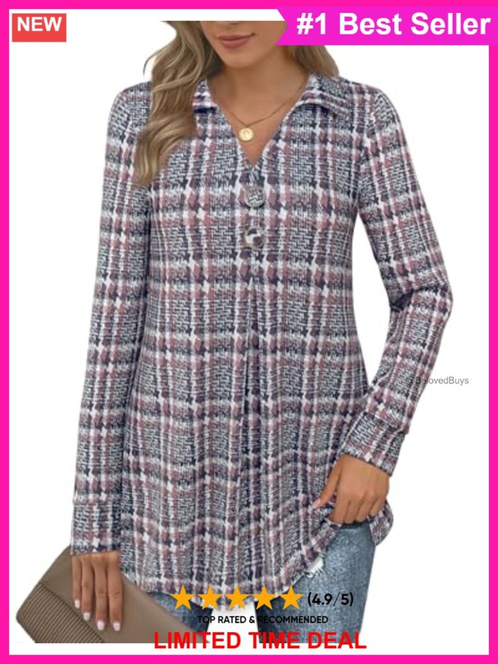 Womens Long Sleeve V Neck Tunic Blouse with Buttons Loose Fit